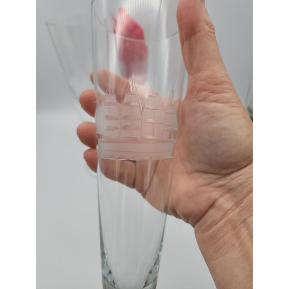 VTG Crystal Etched Pilsner Glasses Clipper Sailing Ship 10 1/8" 1979 Set of 3 - Picture 5 of 12